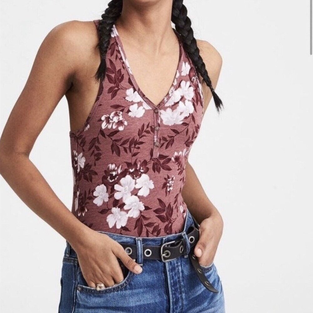 ⭐3/$30 American Eagle Outfitters Burgundy Maroon Floral Bodysuit S